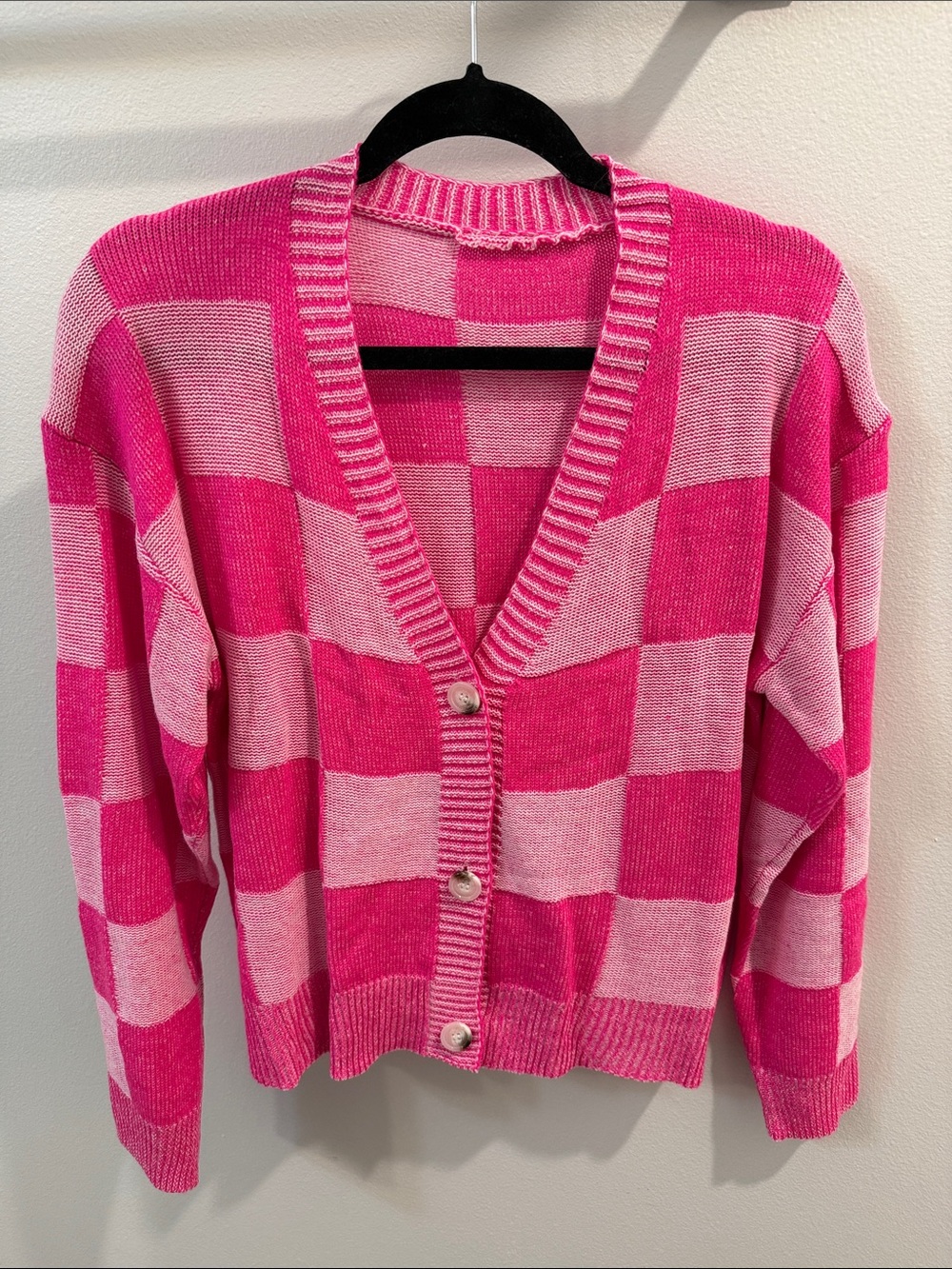Pink Checkered V-Neck Button Cardigan Sweater